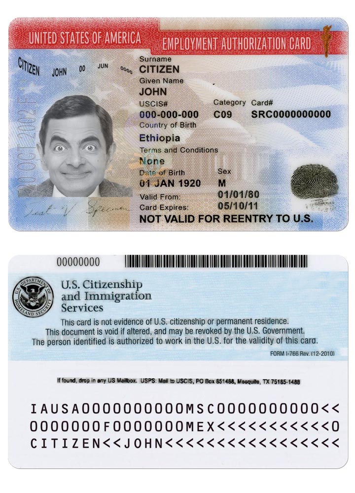Download USA  employment authorization card version 2 Photoshop template